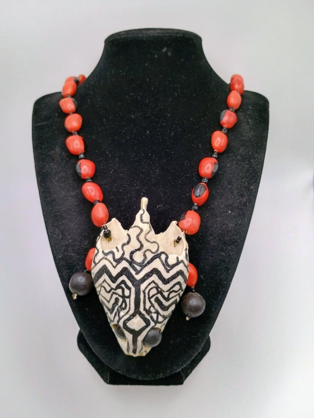 Handmade Tribal Necklace with Huayruro Seeds, Shamanic Pendant